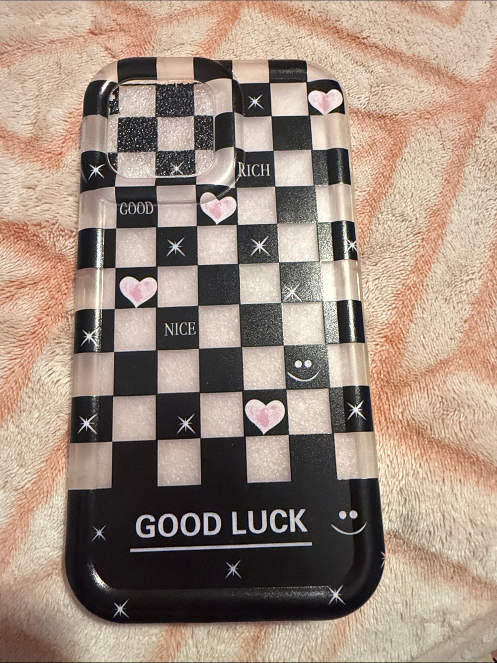 Good Luck Checkerboard Phone Case - Black/Pink